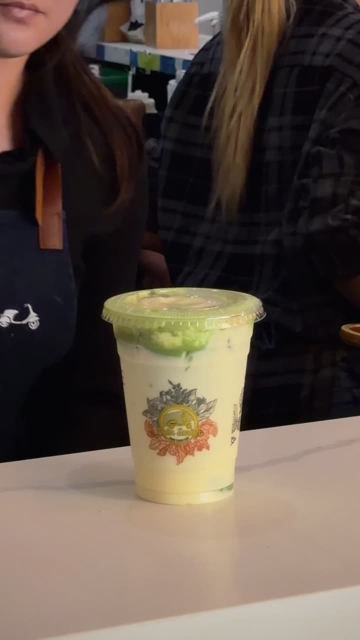 finished matcha drink, logo cup